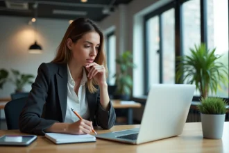 Femme concentrée au bureau regardant un site web