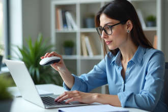 Femme en bureau bloquant un email suspect dans Outlook