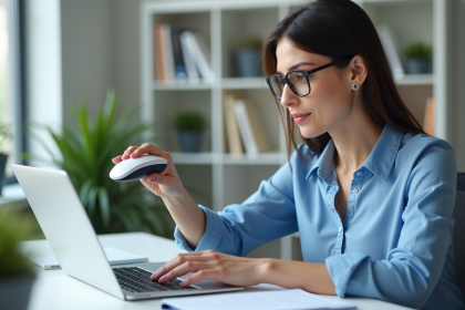 Femme en bureau bloquant un email suspect dans Outlook