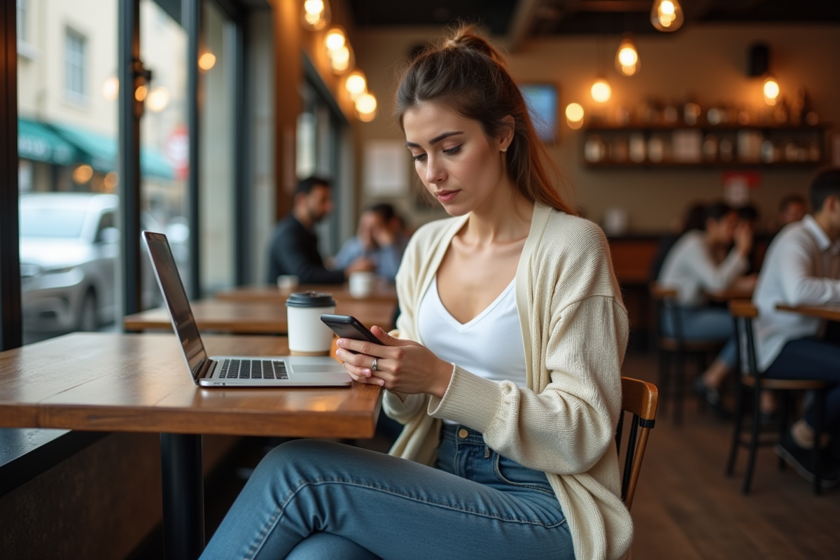 Femme préoccupée dans un café avec smartphone en main