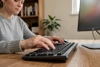 Femme tapant sur un clavier AZERTY et cherchant le raccourci pour le È majuscule accentué