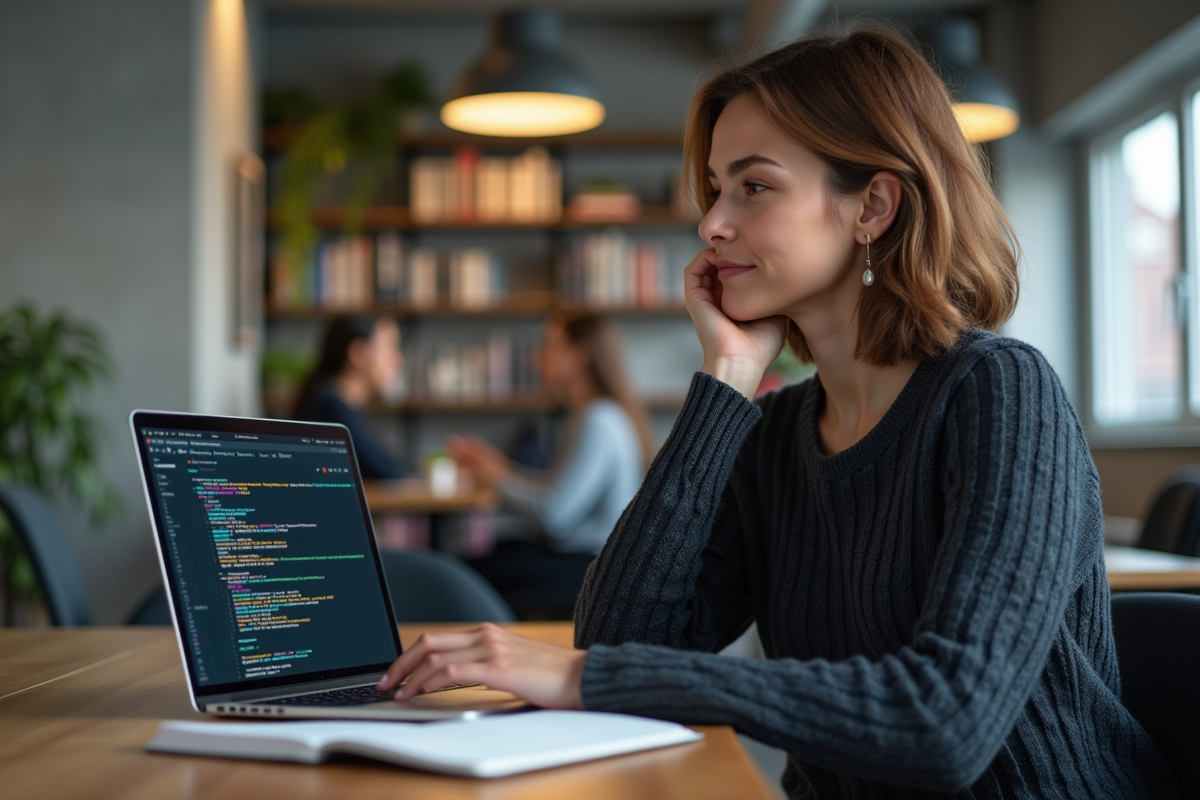 Femme professionnelle regardant un code coloré sur son ordinateur
