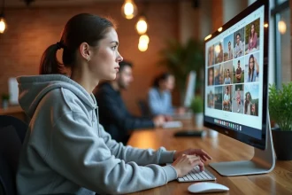Jeune femme comparant des alternatives à Zup Images sur un écran d'ordinateur dans un espace de coworking moderne