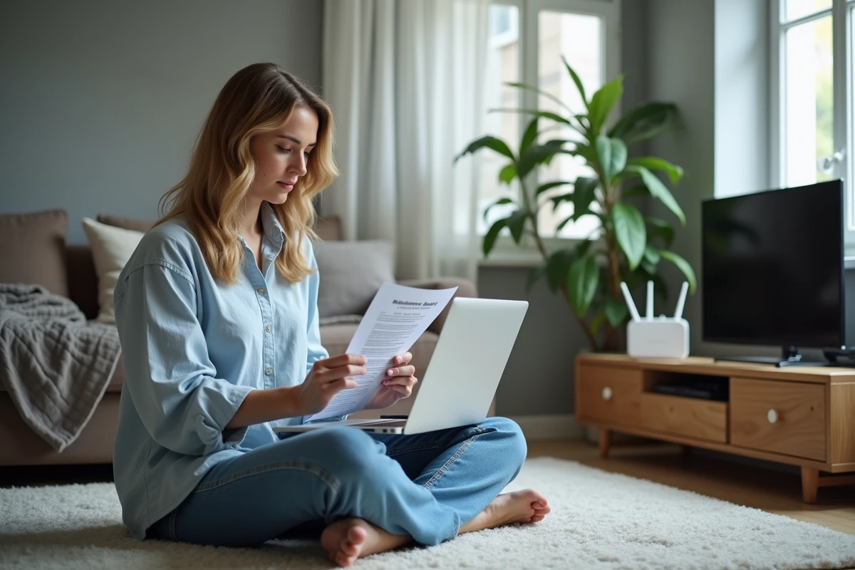 Femme consultant un guide de dépannage devant sa box Orange dont la connexion est interrompue, avec un ordinateur portable affichant une erreur réseau