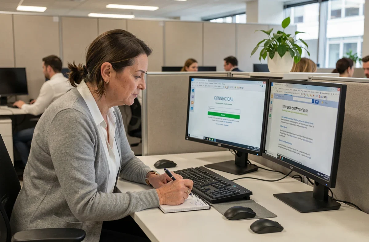 Femme au bureau consultant un guide de dépannage pour résoudre une panne de webmail sur double écran