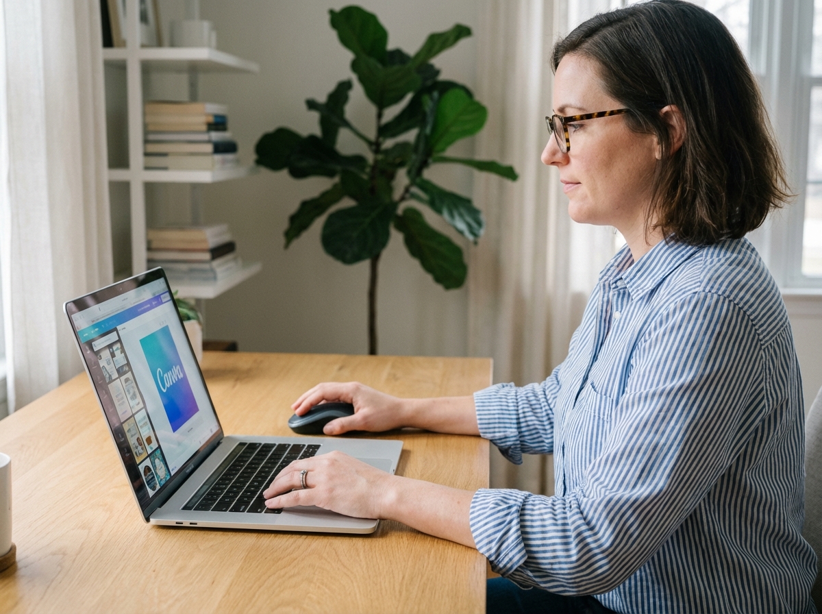 Femme concentrée utilisant Canva sur son ordinateur dans un bureau lumineux