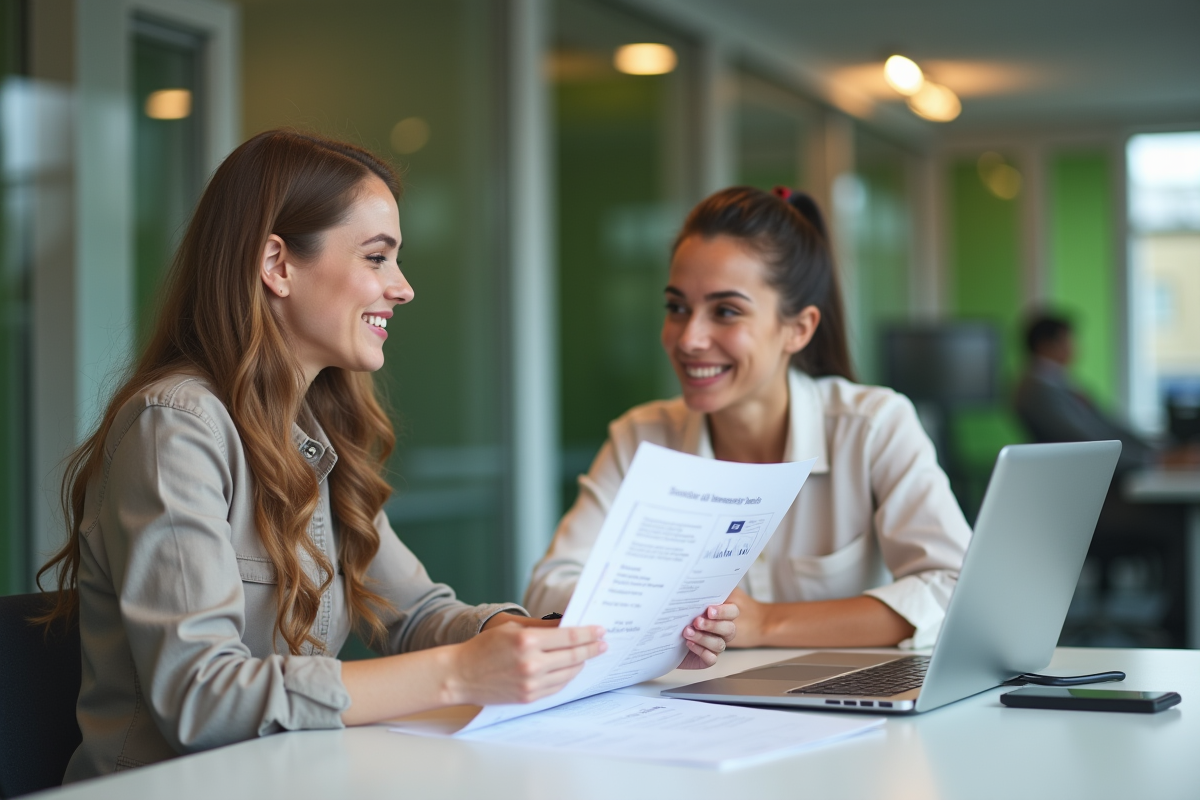 Femme souriante discutant de documents SEO avec une collègue dans un bureau lumineux
