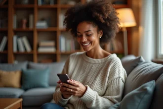 Femme souriante qui envoie un SMS en numéro masqué depuis son smartphone pour préparer une surprise