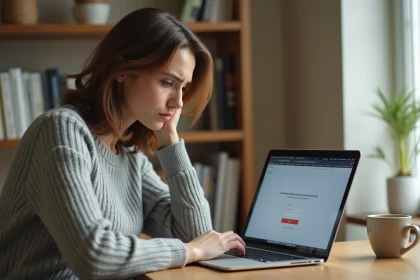 Femme frustrée devant un écran d'ordinateur portable affichant une erreur de connexion au webmail académique de Nantes