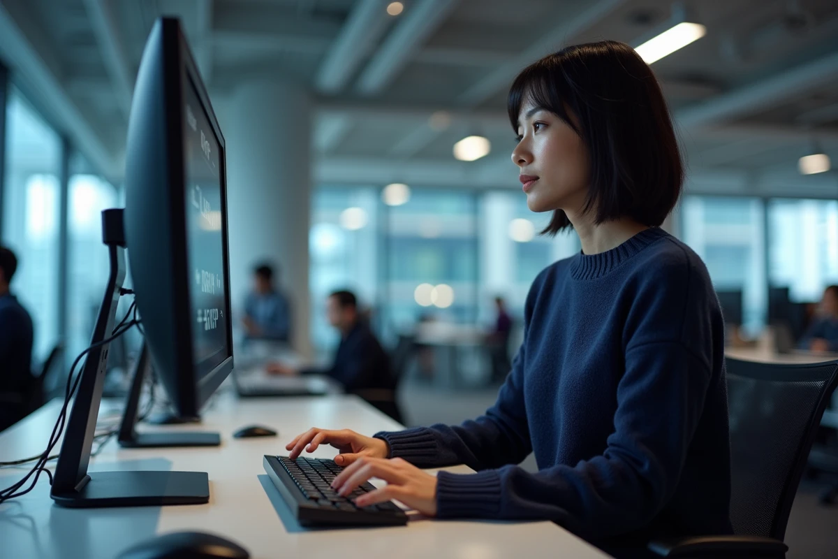 Femme s'exerçant à la frappe rapide sur clavier dans un espace de travail moderne avant une session de jeu classée