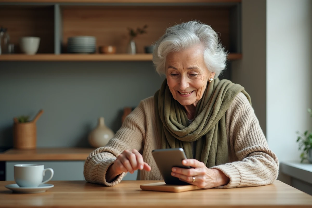 Femme âgée dans une cuisine posant son smartphone sur un chargeur