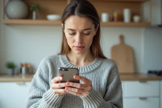 Femme inspectant un Samsung E250 reconditionné dans une cuisine moderne pour éviter les arnaques à l'achat