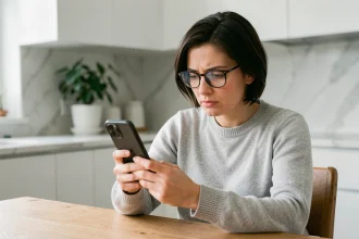 Femme inspectant une mise à jour iOS sur son iPhone dans une cuisine moderne