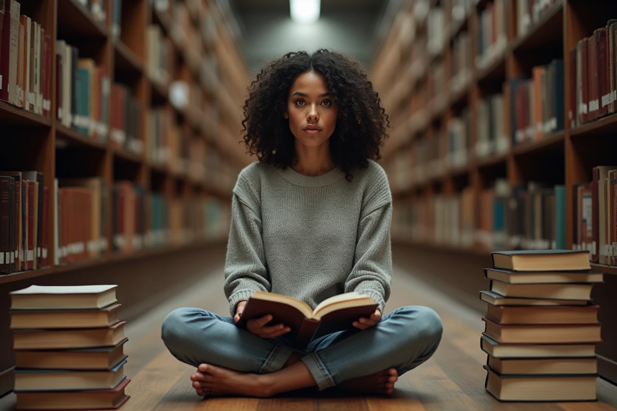 Femme passionnée lisant un livre de physique quantique assise par terre dans une bibliothèque