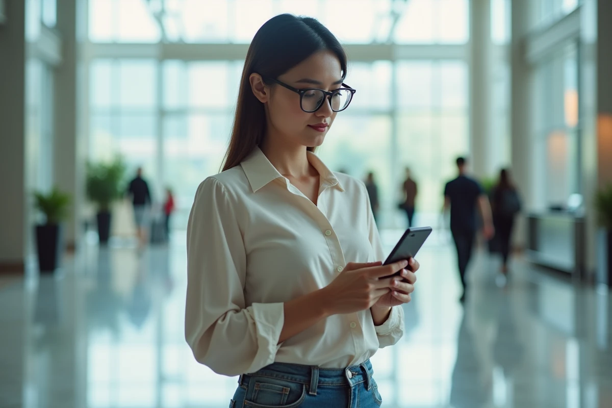 Femme dans un lobby moderne utilise son smartphone avec concentration