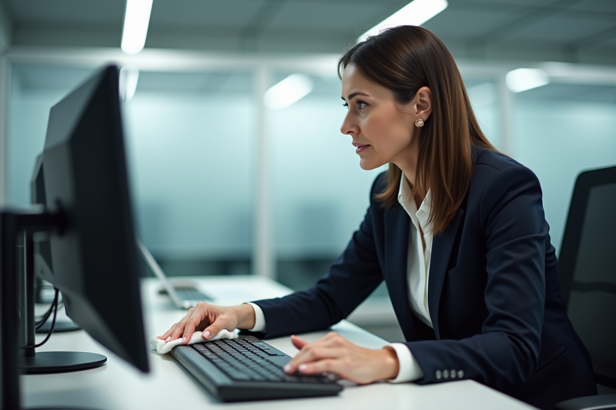 Femme en entreprise nettoyant un clavier avec un chiffon microfiber