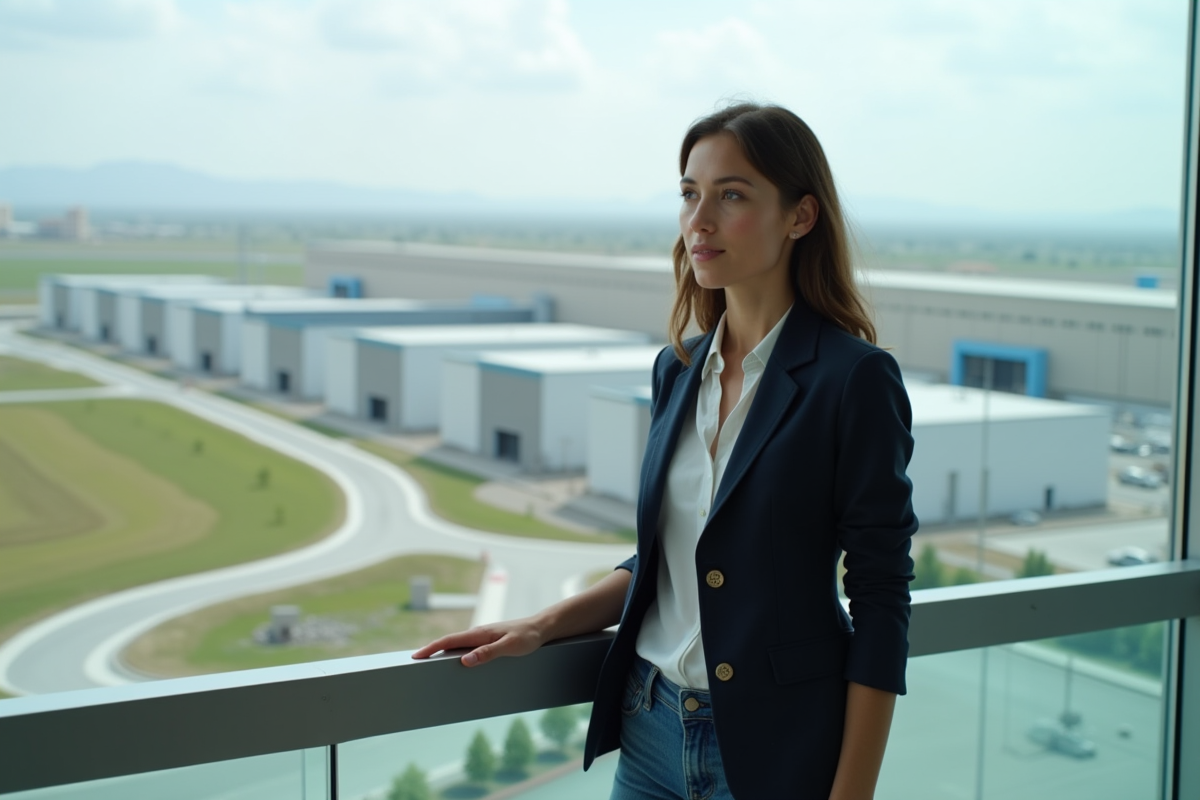 Femme regardant le centre de données depuis une terrasse extérieure