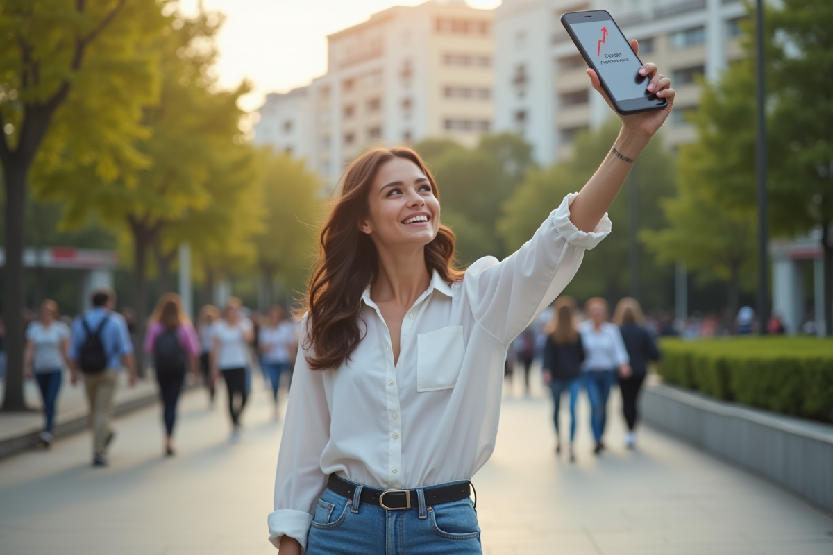 Jeune femme souriante utilisant son smartphone en ville
