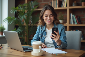 Femme en bureau cosy utilisant son smartphone TikTok