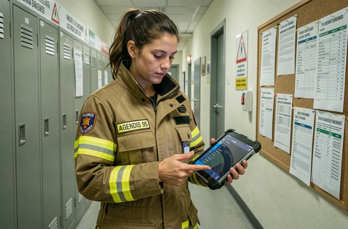 Femme pompier consultant le planning Agendis 95 sur une tablette dans le couloir d'une caserne du Val-d'Oise