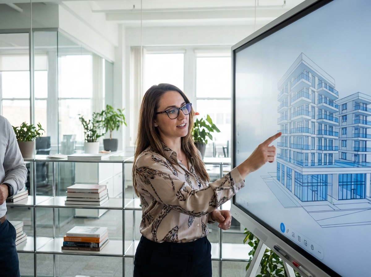 Femme pointant un tableau blanc numérique avec modèle 3D