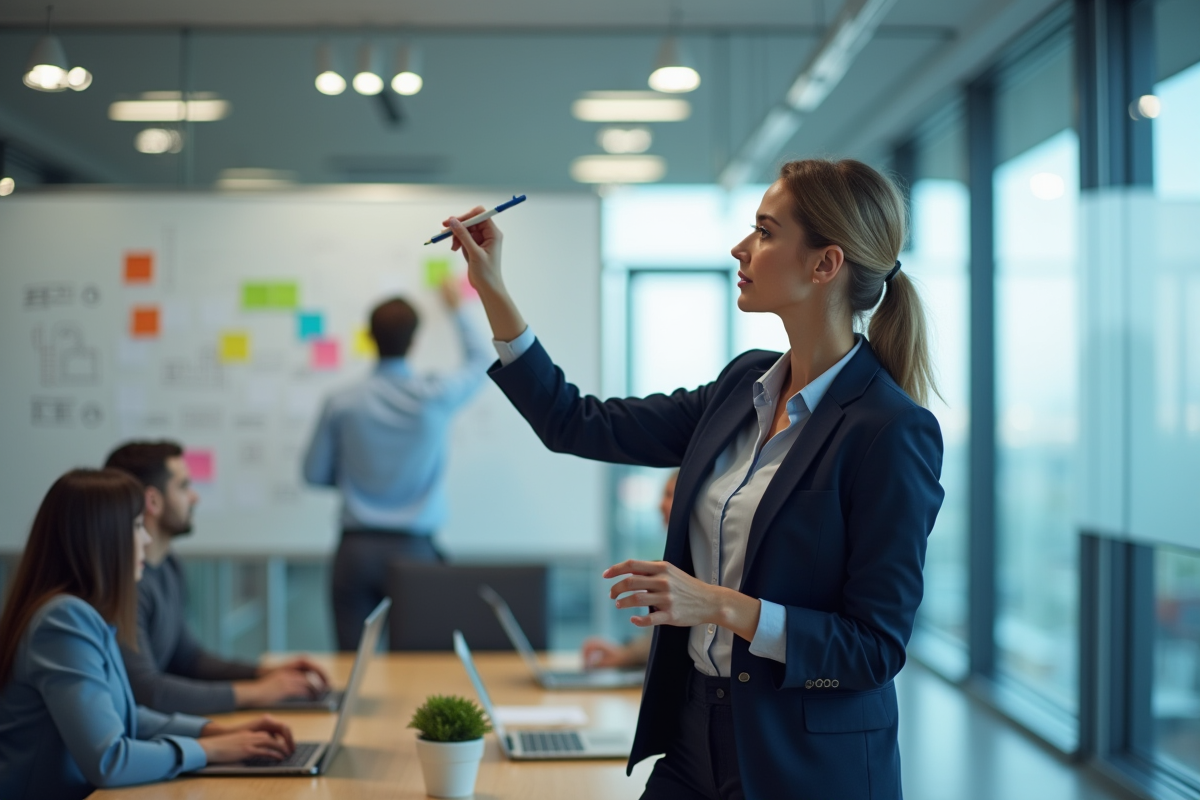 Femme en réunion expliquant un projet avec un tableau blanc