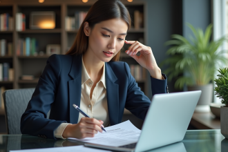 Jeune femme professionnelle en bureau moderne avec ordinateur