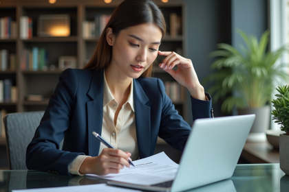 Jeune femme professionnelle en bureau moderne avec ordinateur
