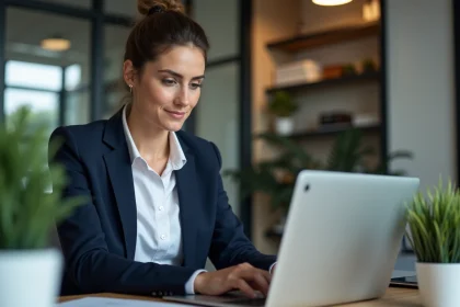 Femme professionnelle au bureau avec ordinateur et branding Aix Mille