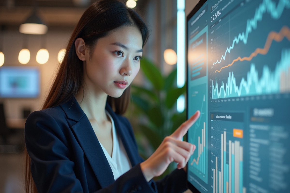 Jeune femme en blazer devant un tableau de bord marketing