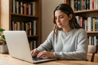 Jeune femme utilisant un reformulateur de texte en ligne sur son ordinateur portable dans un bureau à domicile