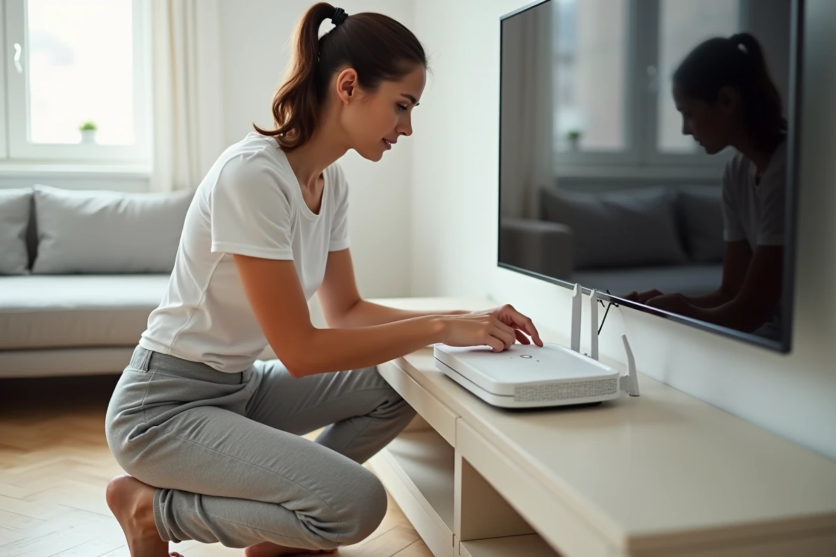 Femme réinitialisant un routeur Freebox pour résoudre un problème de connexion internet à domicile