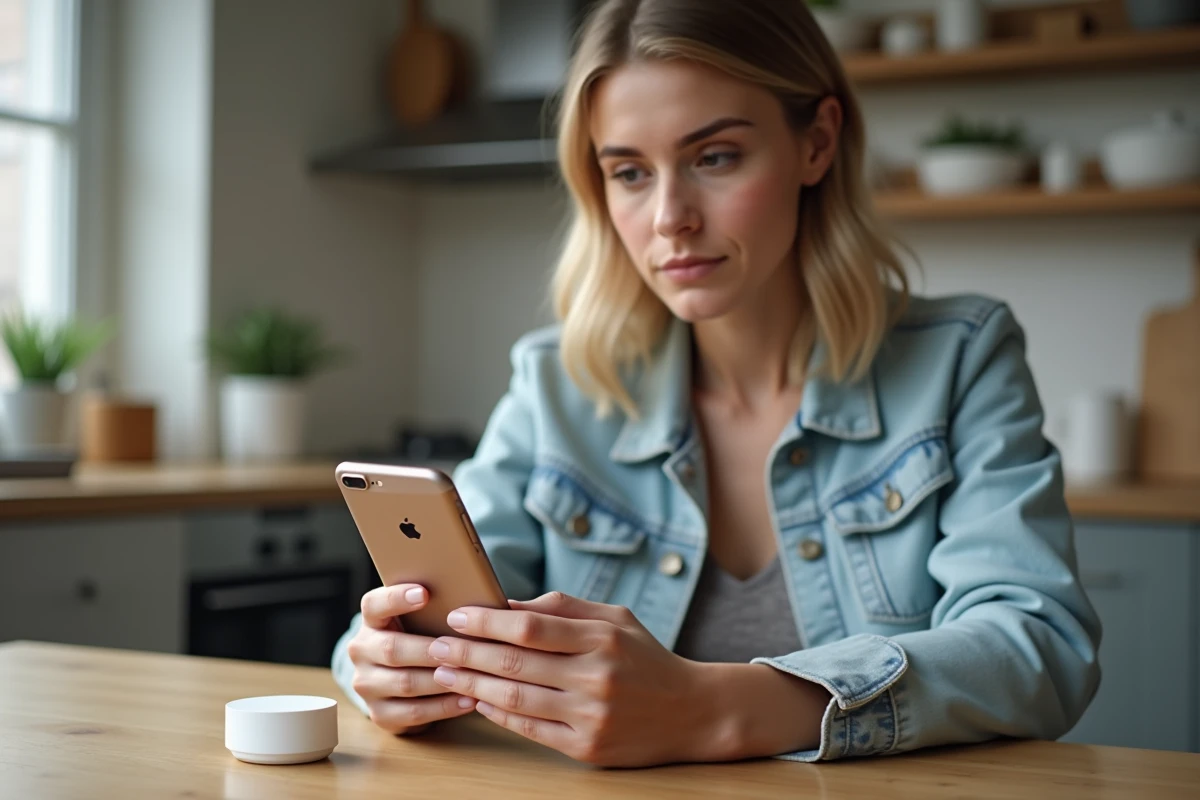 Femme scannant un AirTag Apple avec une application Android de détection de trackers Bluetooth
