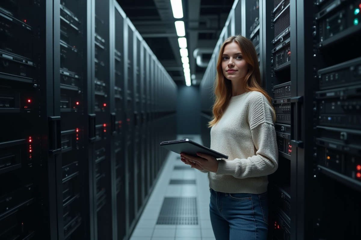 Jeune femme vérifiant un serveur dans une salle informatique moderne