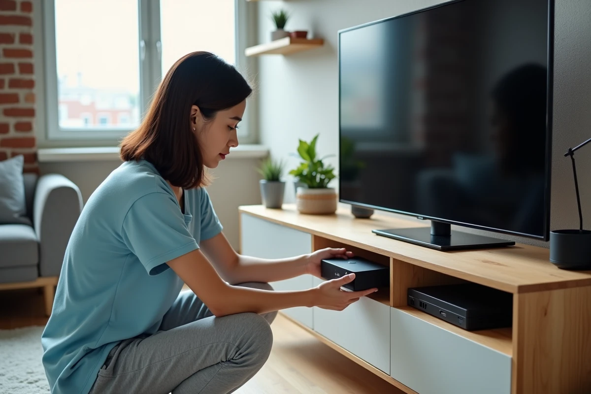 Jeune femme installant un boîtier multimédia dans un appartement