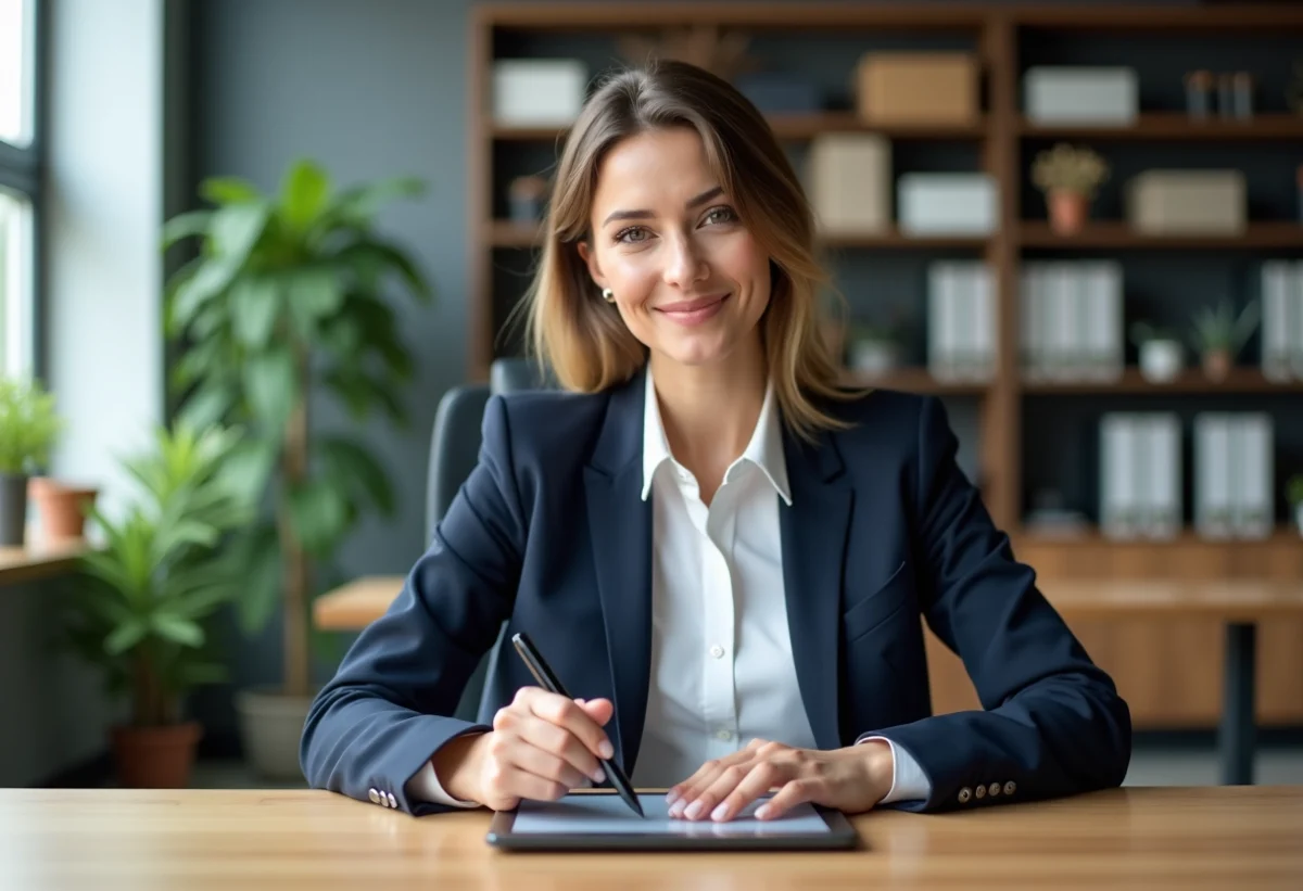 Femme d'affaires signant un document numérique au bureau
