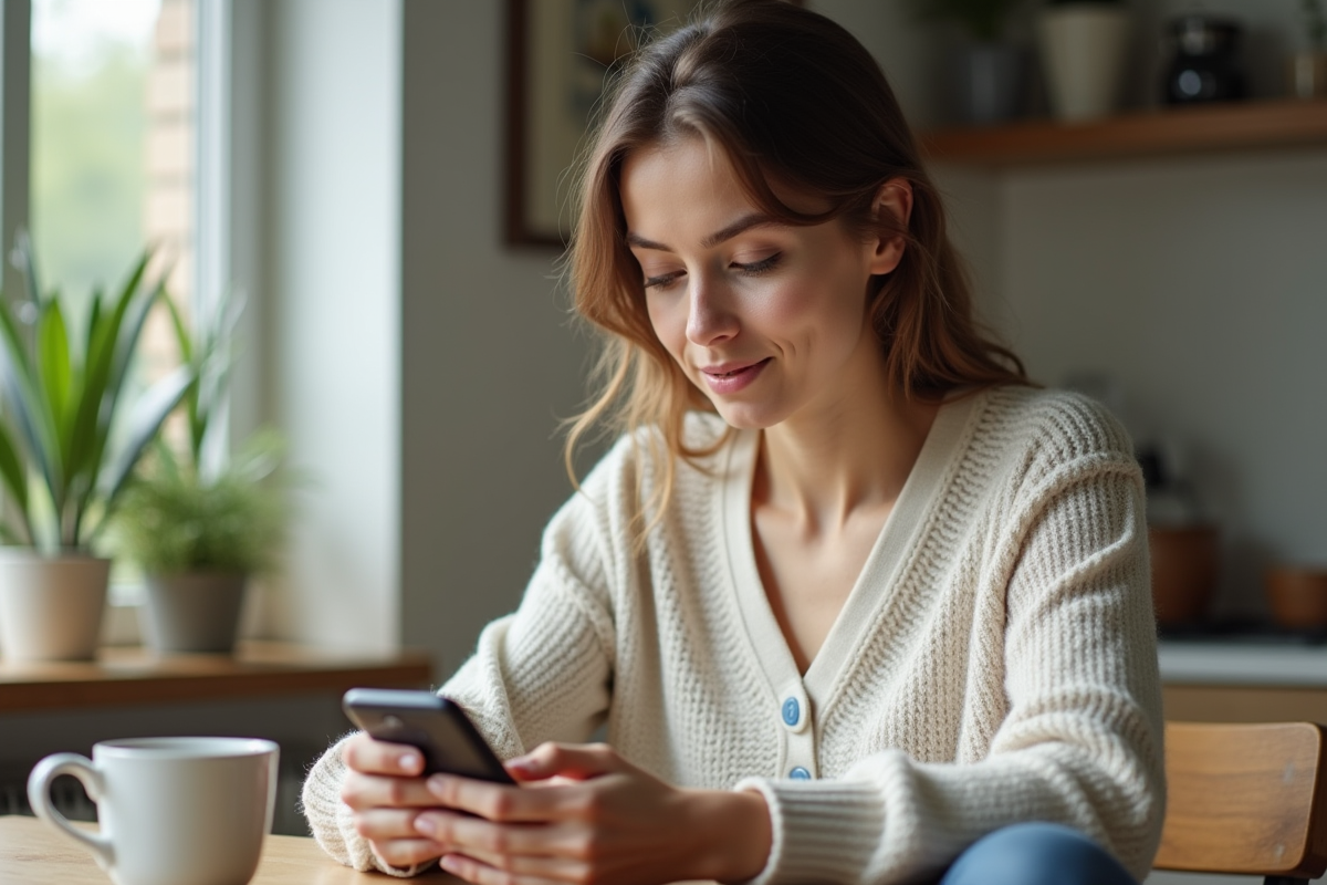 Femme assise à la cuisine avec smartphone et ambiance chaleureuse