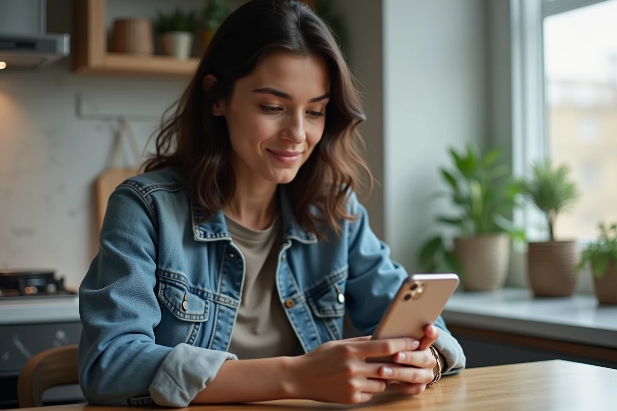 Jeune femme utilisant son smartphone dans la cuisine moderne