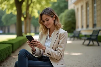 Femme utilisant un smartphone pour accéder au portail Mel Ouvert Versailles dans un jardin public