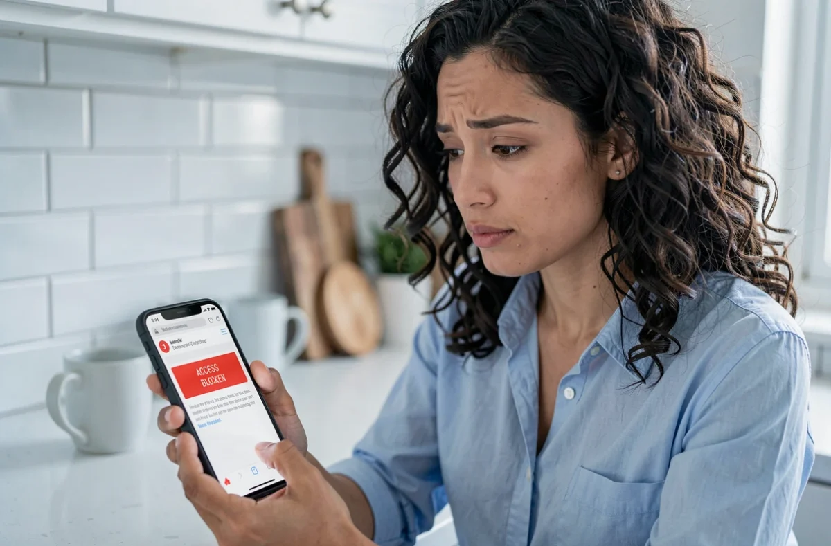 Femme consultant son smartphone avec un navigateur bloquant l'accès à un site de streaming musical
