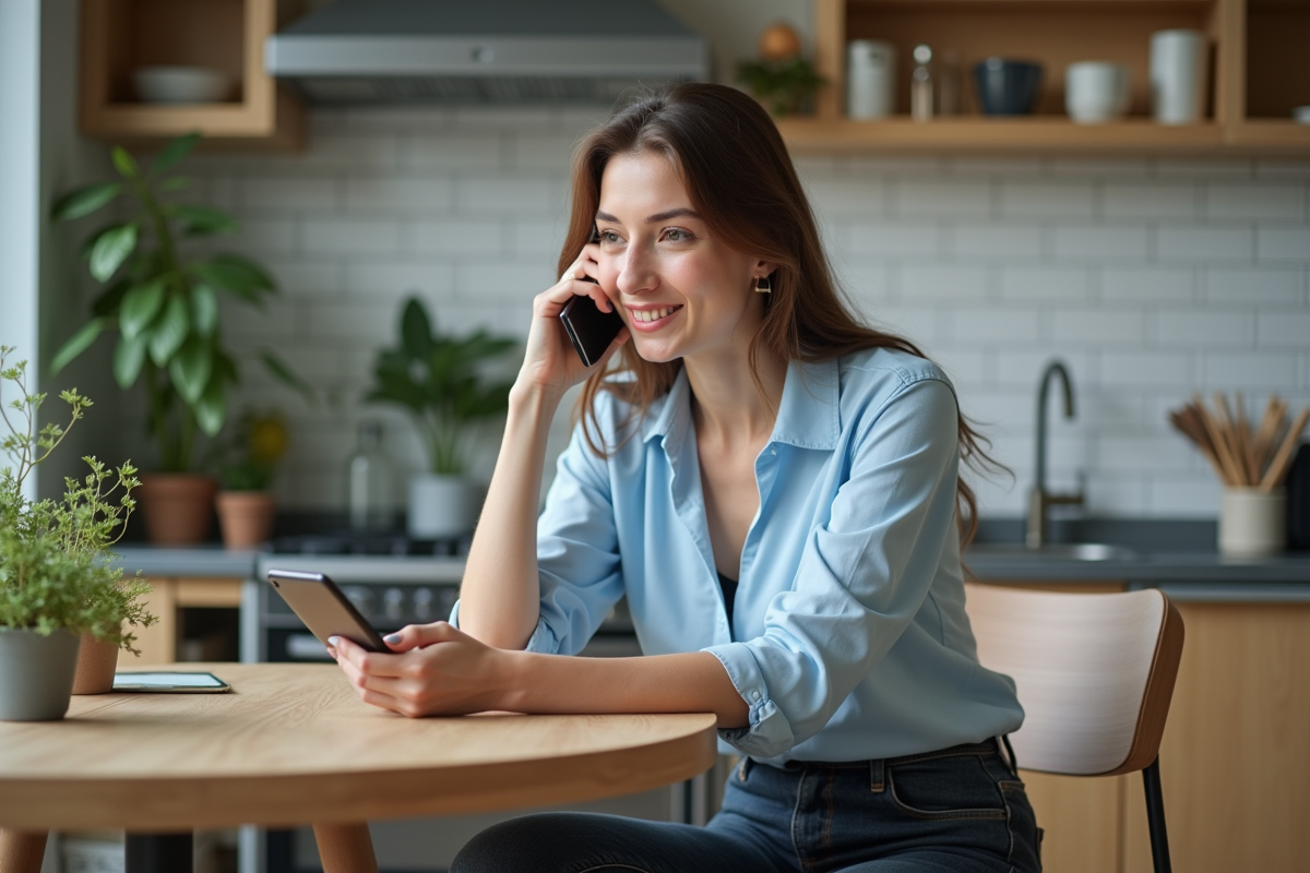Jeune femme parlant au smartphone dans une cuisine parisienne