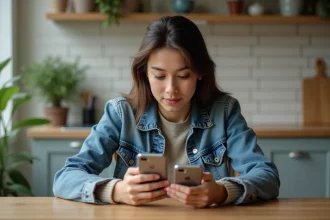 Jeune femme compare deux smartphones dans la cuisine