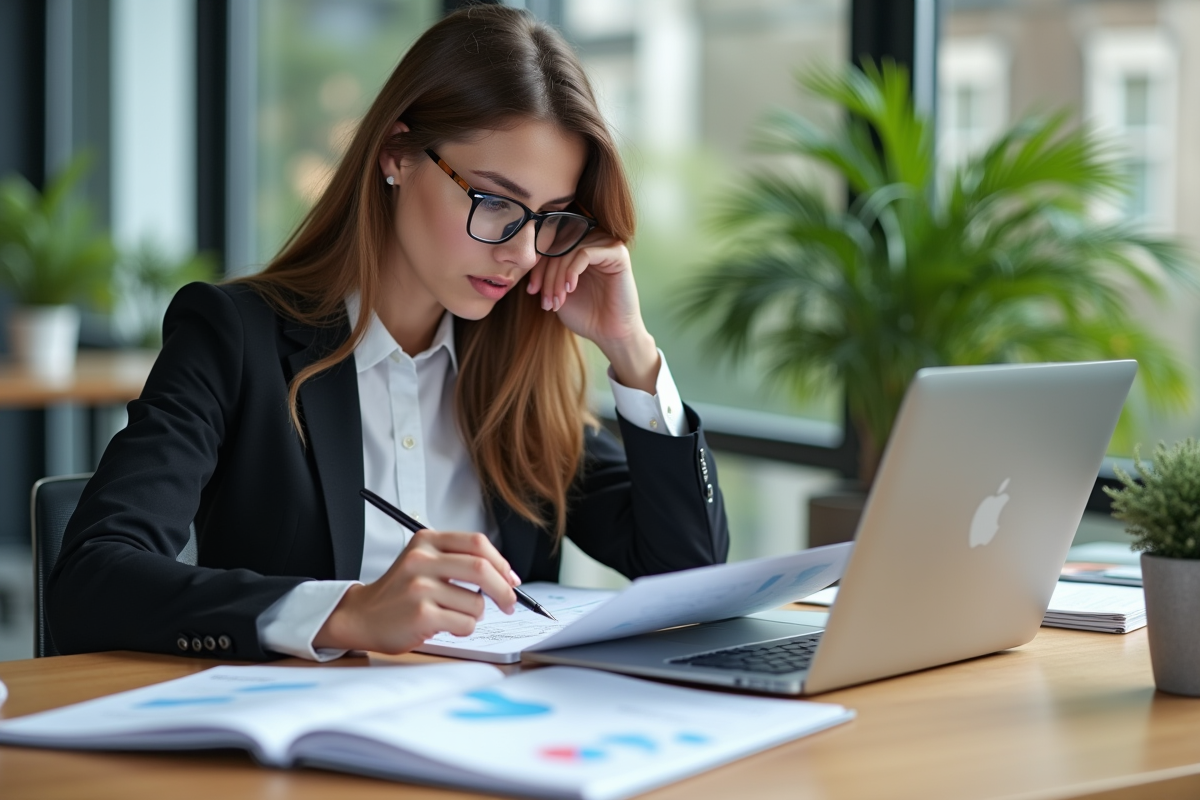 Jeune femme en bureau analysant une strategie seo