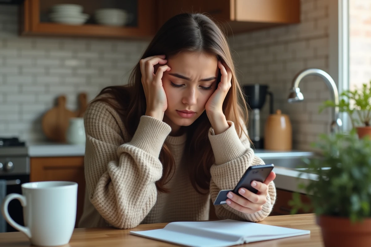 Jeune femme frustrée à la maison vérifiant son téléphone et sa carte bancaire