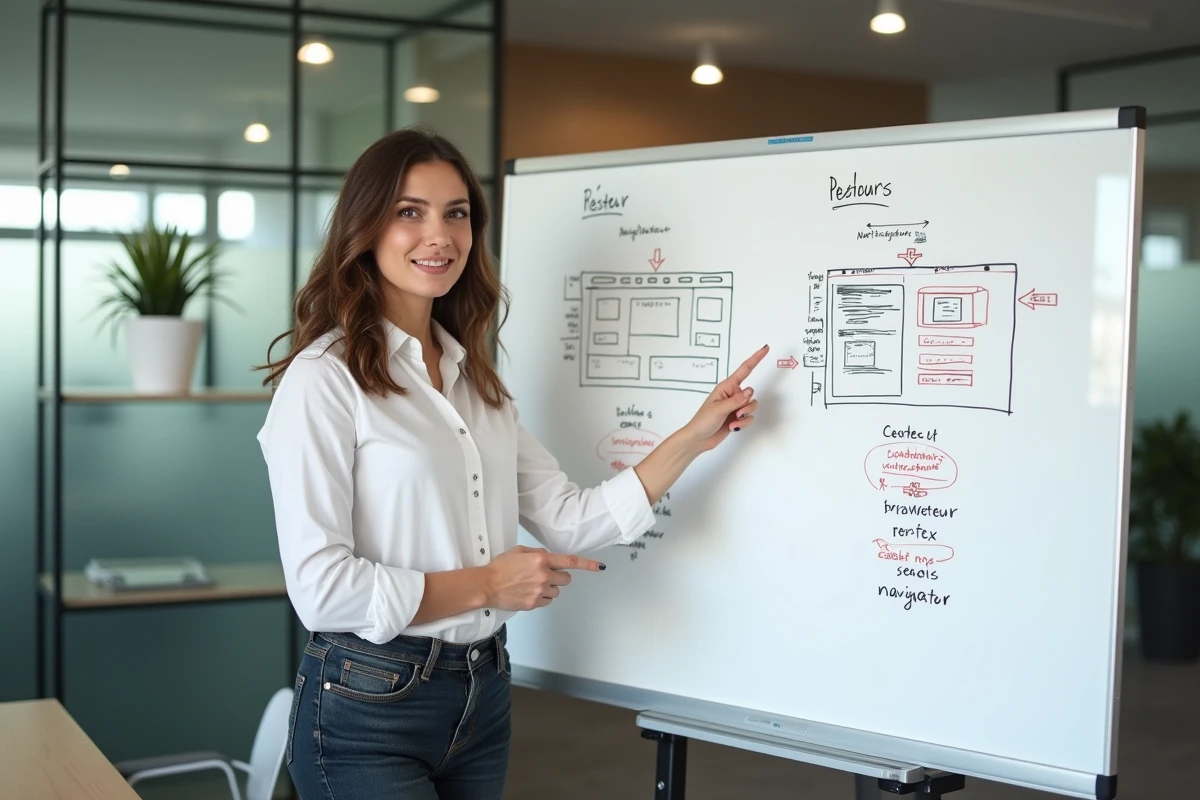 Femme expliquant devant un tableau blanc la différence entre internet et le web dans un espace de coworking moderne