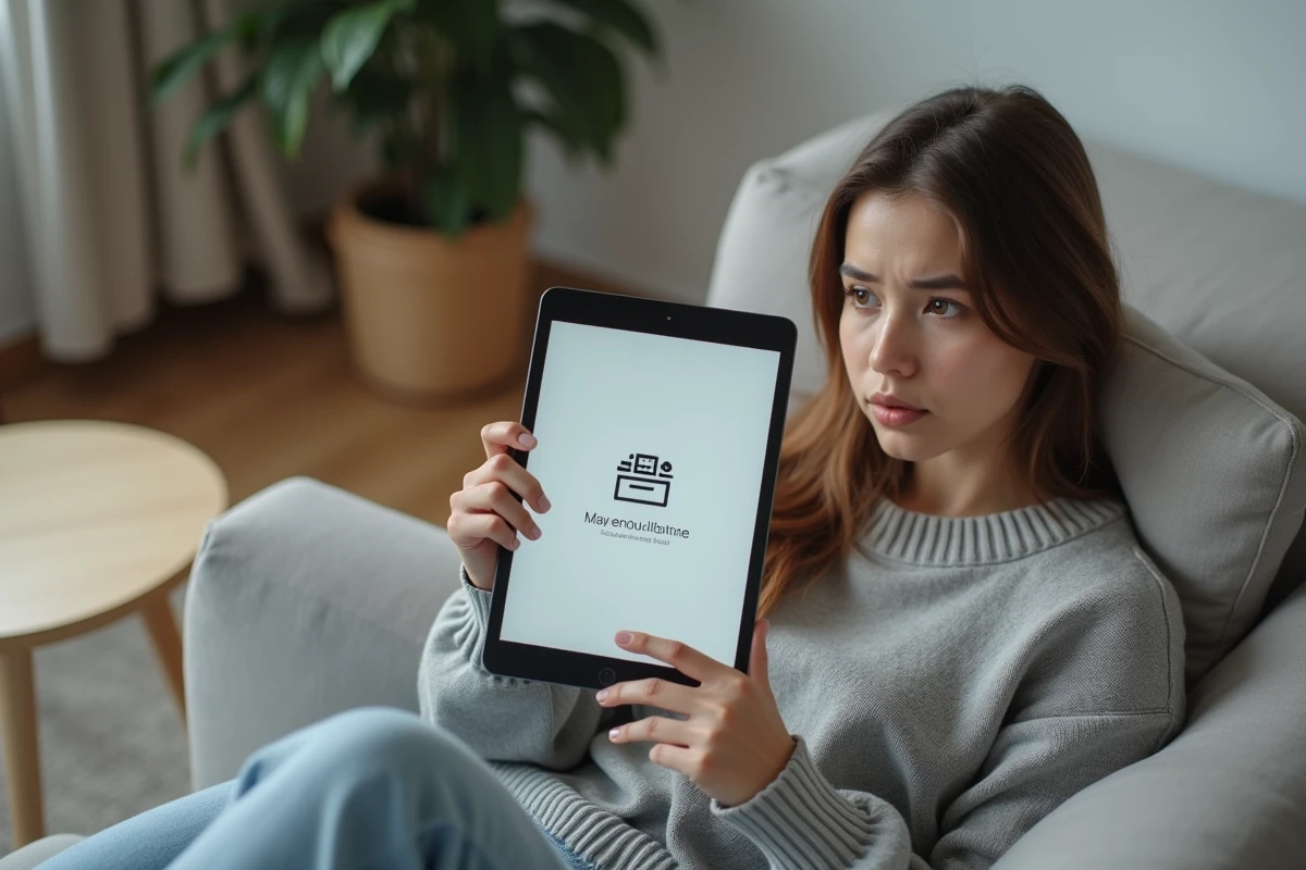 Jeune femme sur un canapé consultant une tablette avec une erreur d'application de lecture de manga alternative
