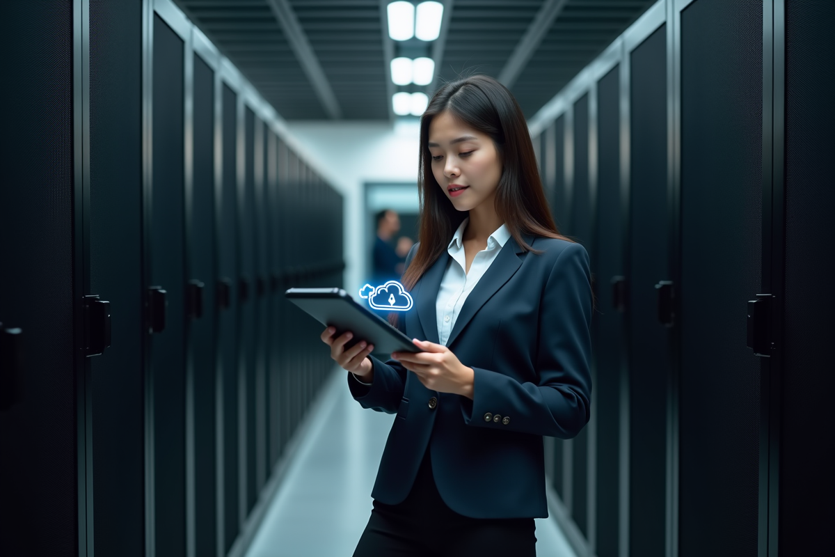 Jeune femme analysant un tableau de bord dans un centre de données