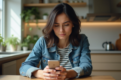 Femme dans son appartement regardant son téléphone