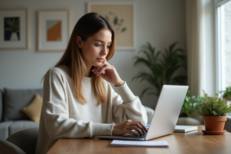 Femme assise à son bureau à la maison en train de rédiger un post Facebook