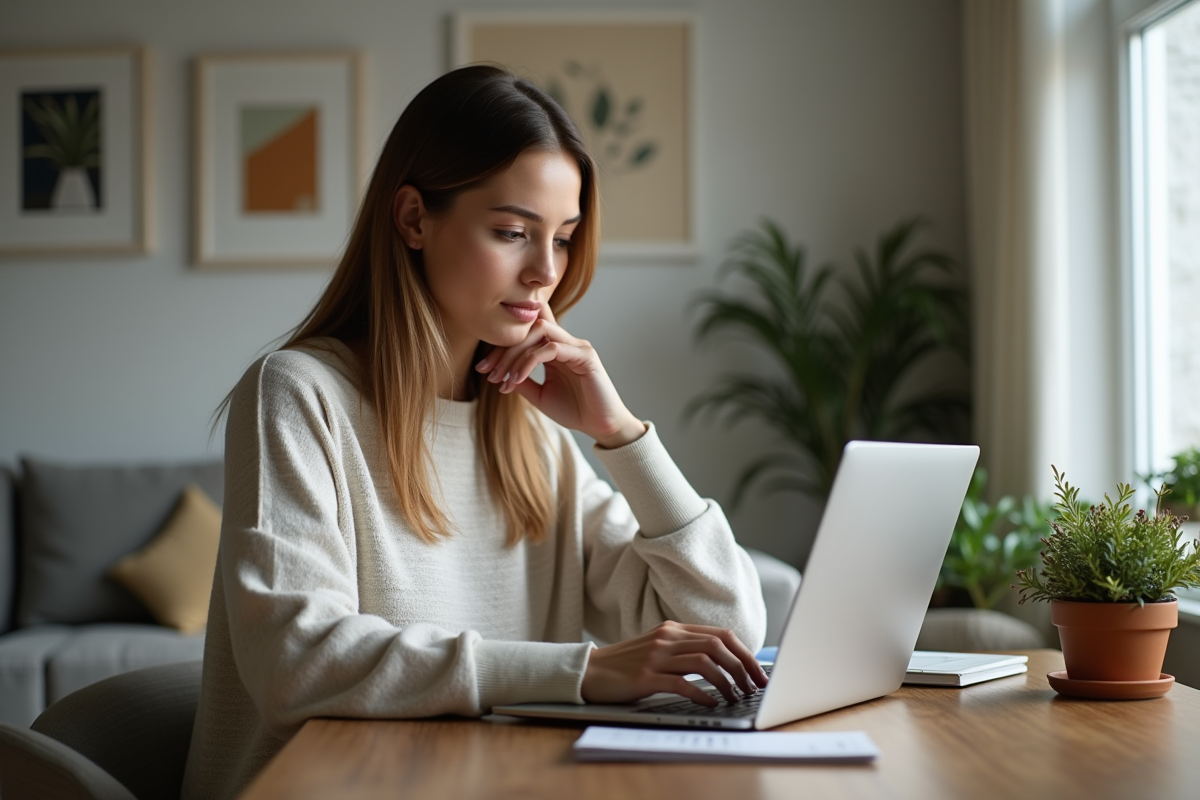 Femme assise à son bureau à la maison en train de rédiger un post Facebook